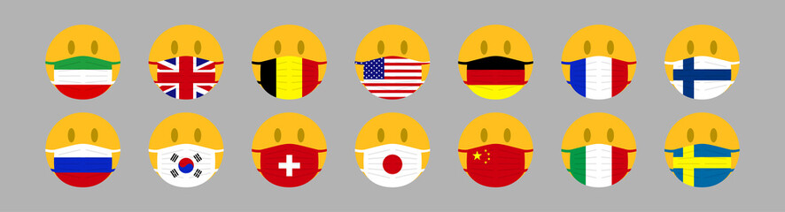 Set of flags on the masks, masked smiley. Together stop pandemic. Coronavirus Covid 19, cartoon International. Save health concept, stop pandemic. Vector illustration