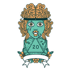 half orc barbarian character with natural 20 dice roll illustration