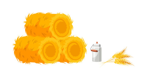 Farm set with hay bale, spikelets bunch, milk can © backup_studio