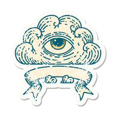 grunge sticker with banner of an all seeing eye cloud