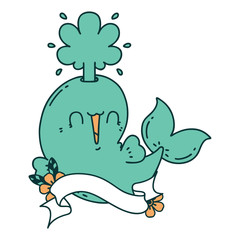 banner with tattoo style happy squirting whale character