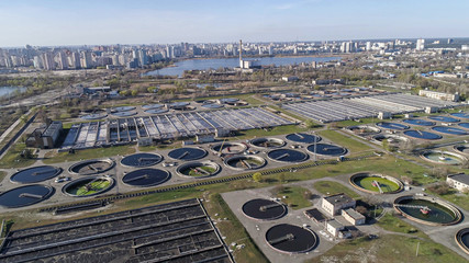 Aerial picture. Wastewater treatment plant. Cleaning water reservoirs. Sewage wastewater cleaning...