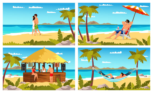 Vacation on tropic island people scene cutout set. Man woman rest on summer beach. Male female characters lying hammock, on deck chair, freshening up at bar, walking on seaside. Vector illustration.