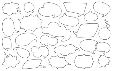 Speech bubble line silhouette set. Outline empty comic design elements dialog white clouds icon. Speech thought blobs comics book, balloon chat banner, page template. Contour vector illustration
