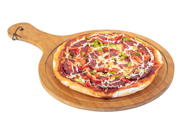 Homemade pizza on the wooden board isolated on a white