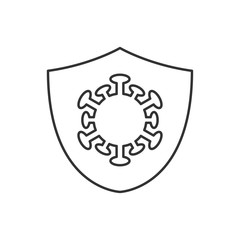 Protection against coronavirus linear icon. Coronavirus molecule on shield