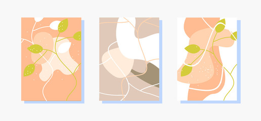 Set of stylish templates with modern abstract shapes in pastel colors. Leaves nature