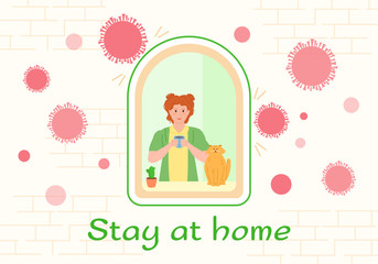 Stay home concept. House facade with windows, girl and cat look out of apartment cartoon. Stop coronavirus, prevention covid 19. Self quarantine to stop outbreak. Vector illustration