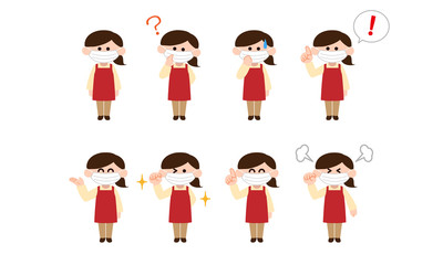 マスクにエプロンを付けた女性イラストセット（デフォルメカラー）