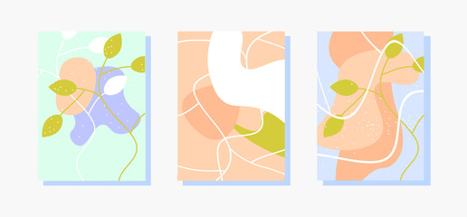 Set of stylish templates with modern abstract shapes in pastel colors. Leaves nature1