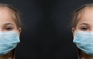 Half face girl with red eyes and a medical mask on a black background, copy space. Concept of people who are isolated in a coronavirus quarantine.