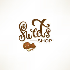 sweets shop, vector lettering logo template with sketch candy images