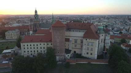 Fototapeta na wymiar Aerial view. Sunset. Wawel Castle in the historic center of Krakow, Poland. 