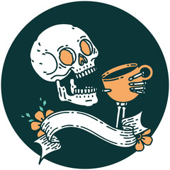 icon with banner of a skull drinking coffee