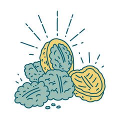 traditional tattoo style walnuts with shell