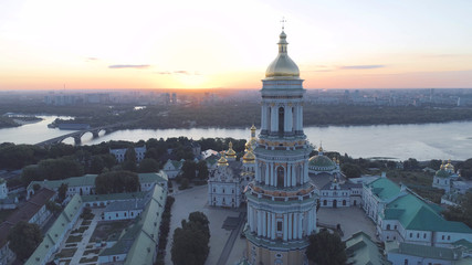 Aerial picture. Kiev Pechersk Lavra, Orthodoxy church, monastery and museum. Sunrise.