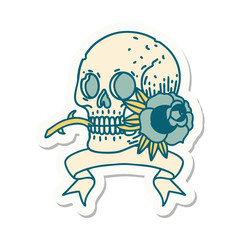 tattoo sticker with banner of a skull and rose