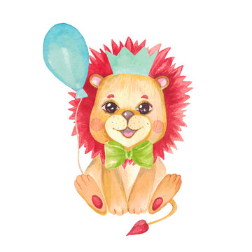Watercolor illustration of a cute baby lion cub. Festive character in a crown, bow, balloon Safari animal for invitation cards, baby shower, nursery wall art