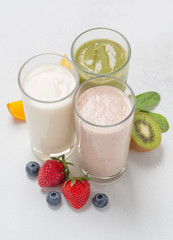 Assorted vegetarian protein cocktails with ingredients. Protein Shake. Sports nutrition and healthy lifestyle concept.  