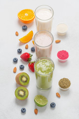 Assorted vegetarian protein cocktails with ingredients. Protein Shake. Sports nutrition and healthy lifestyle concept.  