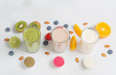Assorted vegetarian protein cocktails with ingredients. Protein Shake. Sports nutrition and healthy lifestyle concept.  