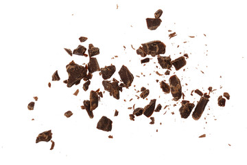 grated chocolate isolated on white background. Top view