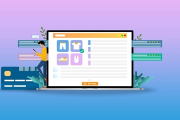 Concept of online shopping, young man standing near credit card and laptop, display contain list of products, description, customer rating and reviews to find a new shirt in pastel color background.