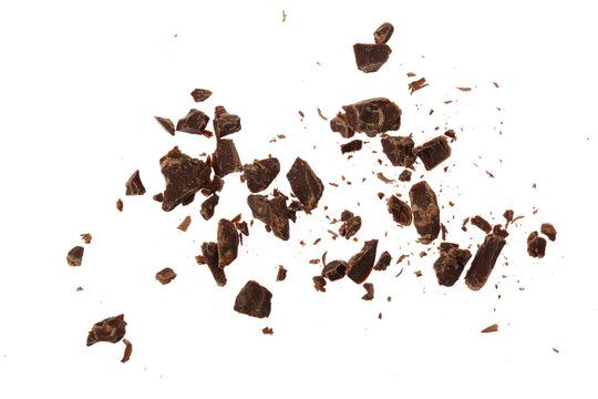 grated chocolate isolated on white background. Top view