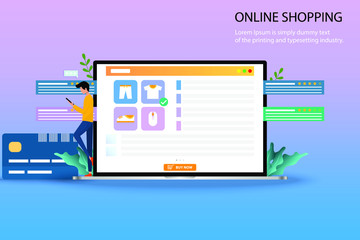 Concept of online shopping, young man standing near credit card and laptop, display contain list of products, description, customer rating and reviews to find a new shirt in pastel color background.