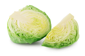 Green cabbage half isolated on white background with clipping path and full depth of field.