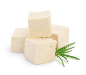 Heap of diced tofu cheese isolated on white background with clipping path and full depth of field,