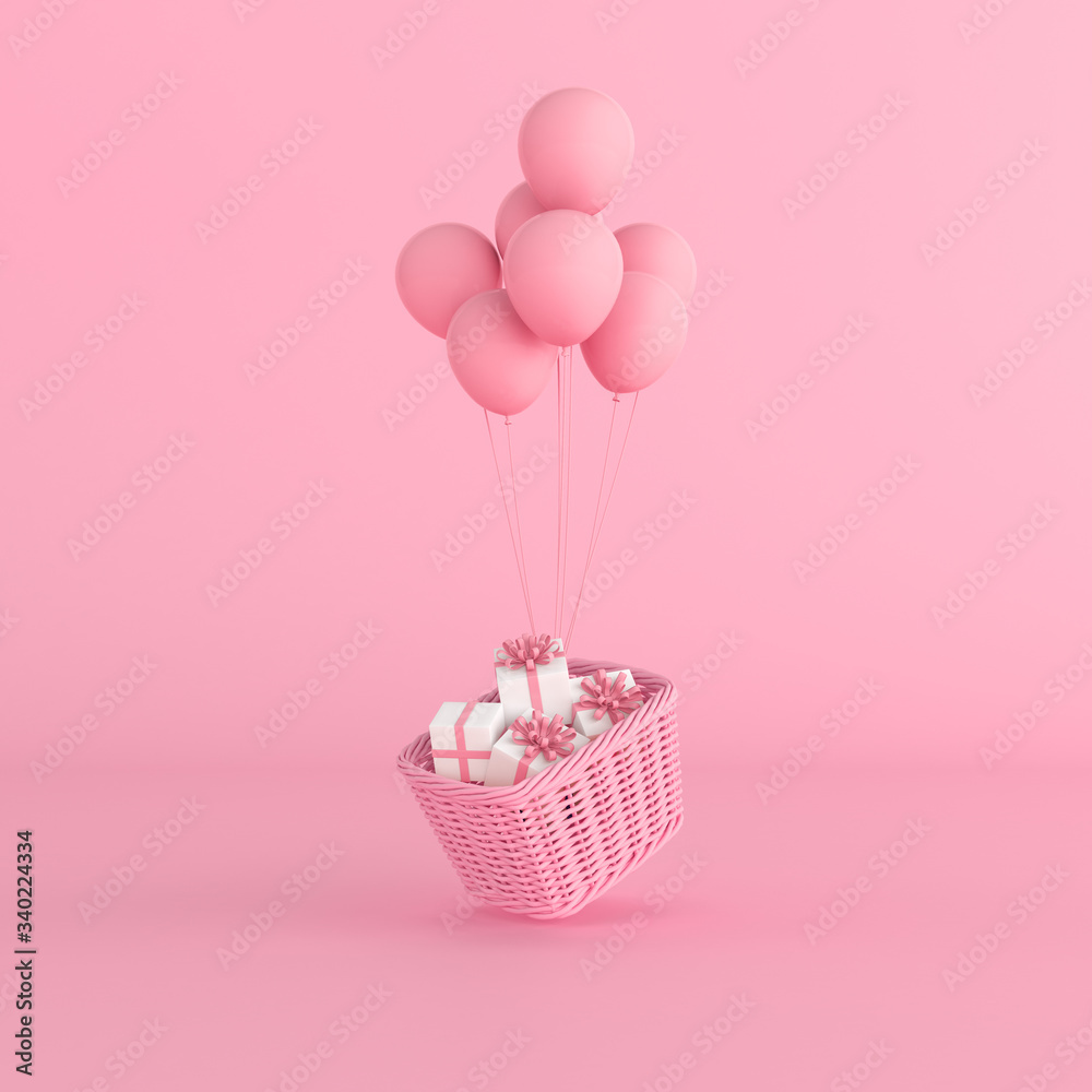 Poster Minimal conceptual idea of present in the basket floating by pink balloons on pastel background. 3D rendering 