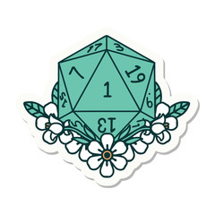 natural one dice roll with floral elements sticker
