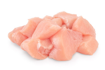 Fresh diced chicken fillet isolated on white background with clipping path and full depth of field.