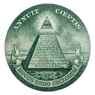 Closeup of the pyramid symbol and Annuit coeptis motto and the Eye of Providence on the one dollar.