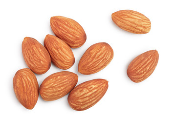 Almonds nuts isolated on white background with clipping path and full depth of field. Top view. Flat lay
