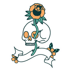 tattoo with banner of a skull and rose