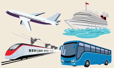 Transportation vector Airplane, Public bus, Train, ShipFerry. Shipping delivery symbol Air mail delivery sign.