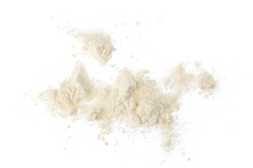 Pile of flour isolated on white background. Top view. Flat lay