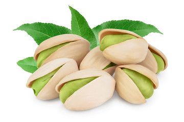 pistachio with leaves isolated on white background with clipping path and full depth of field