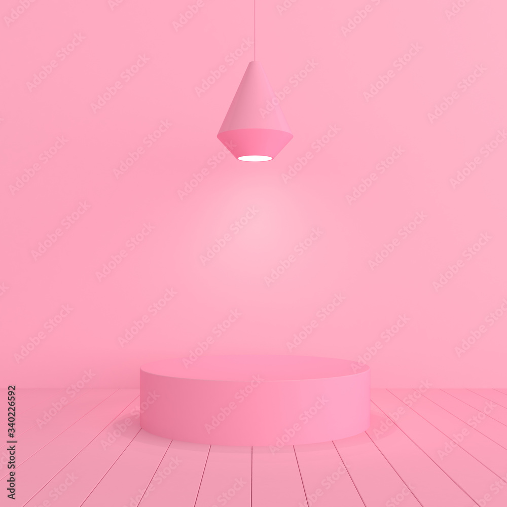 Aufkleber Minimal mock up scene with round podium and hanging lamp on pink background. 3D rendering.