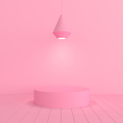 Minimal mock up scene with round podium and hanging lamp on pink background. 3D rendering.