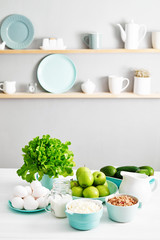Clean eating healthy cooking ingredients. Food frame. Superfoods concept. Fitness Breakfast.Healthy eating and food, dieting, vegetarian kitchen, cooking concept and weigh loss.Fresh food on table