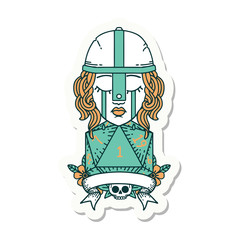 crying human fighter with natural one D20 dice sticker