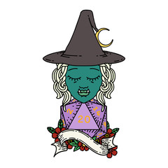 half orc mage with natural 20 dice roll illustration