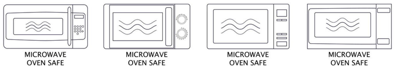 Microwave oven safe icon templates set. Vector isolated line symbols or labels for plastic dish food cookware suitable for safe warming and cooking in microwave oven isolated.