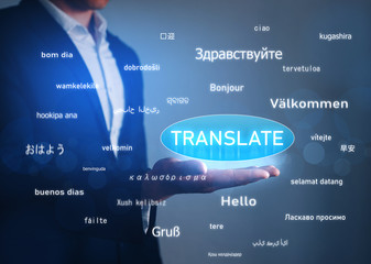 Online Translator, hand holding button Translate over greeting words in different foreign...