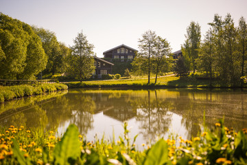 Obraz premium Lake in the Park among green trees and fields of dandelions. Trees are reflected in the lake and two wooden boats are standing on the shore