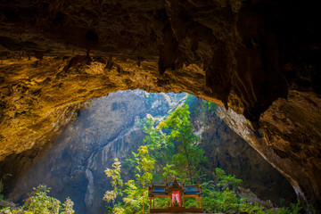 Phraya Nakhon Cave in Thailand,Light shines through the cave to the tree. Phraya Nakhon Cave, Prachuap Khiri Khan, Thailand