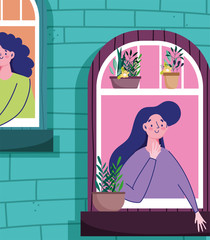 stay at home quarantine, women in the window apartment building facade potted plants cartoon